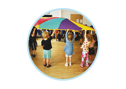 Young children are standing around and holding an indoor parachute.