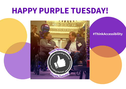 A photo of two men in wheelchairs shaking hands. The photo is surrounded by colourful circles and the title #Happy Purple Tuesday! The graphic contains the hashtag #ThinkAccessibility