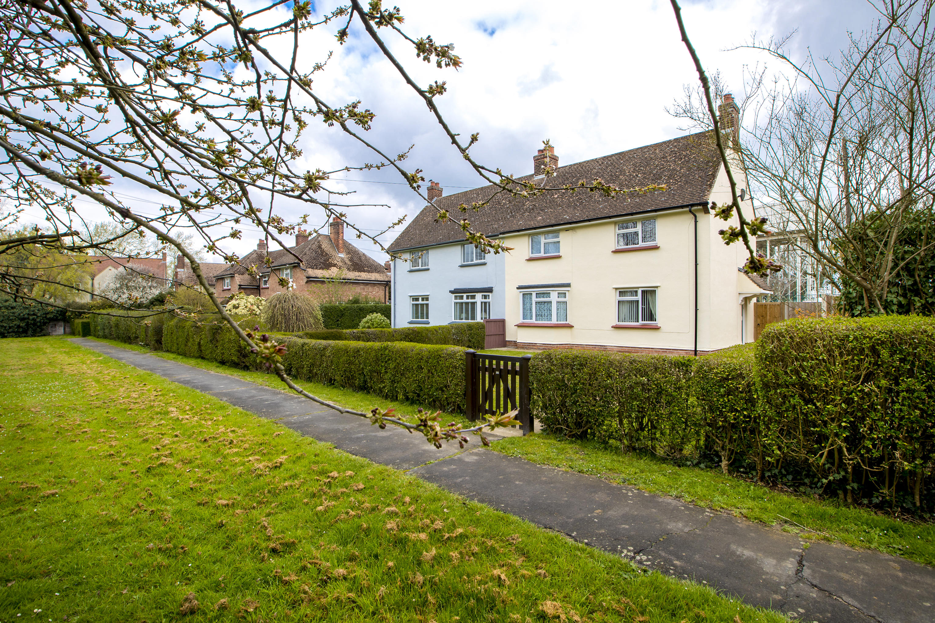 Two houses with a hedges around them and entrance gates.