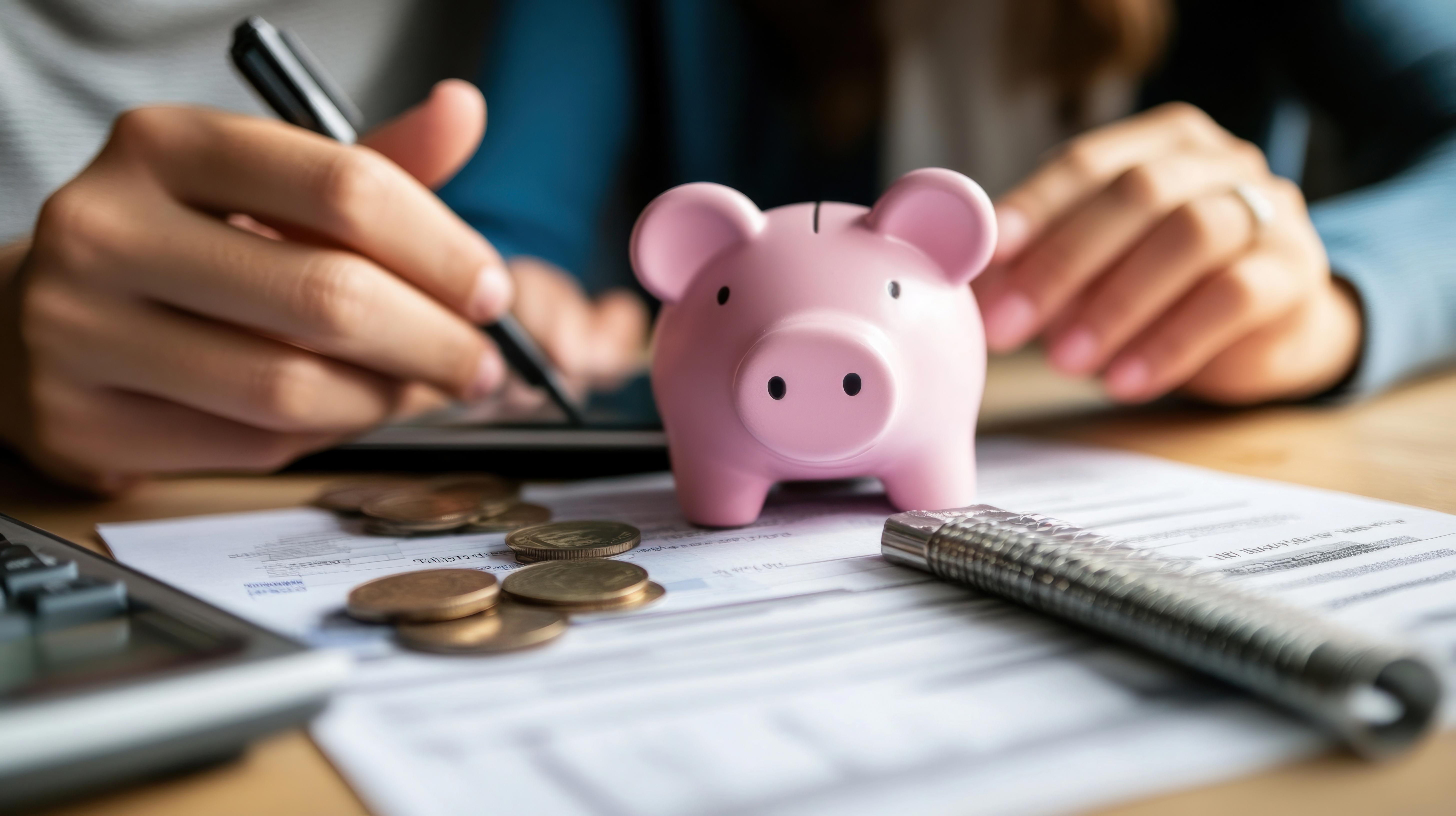 Two hands are resting on a table. A pink piggy bank is on the table next to some coins.