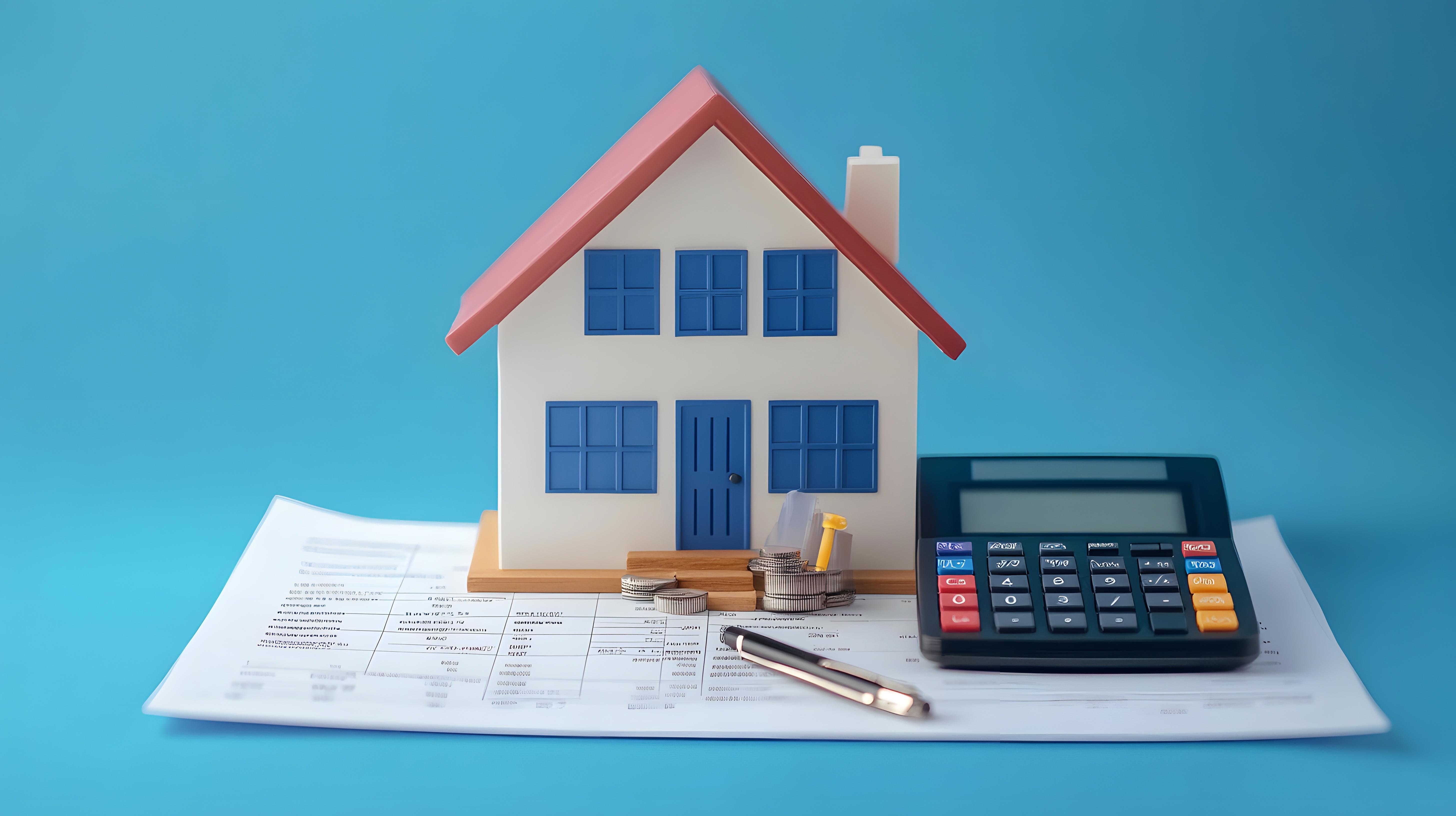 A small toy house next to a calculator are sat on top of some papers.