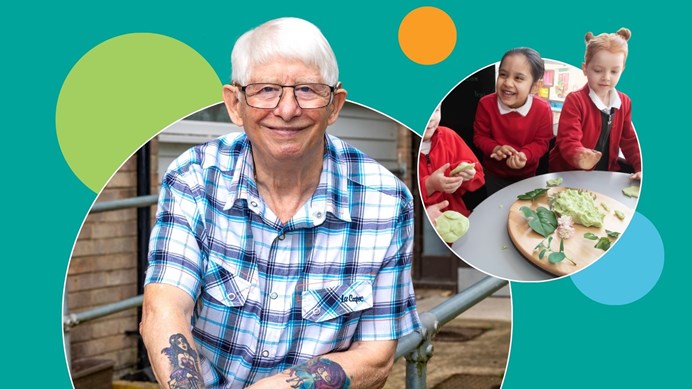 An older man with glasses is leaning on a metal ramp handle and is smiling at the camera. There is also another image of two school children playing with slime, they are both smiling and laughing.