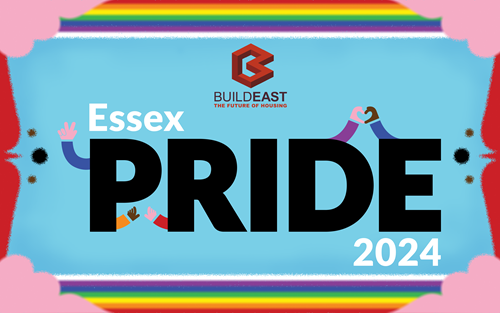 A graphic with the words, 'Essex Pride 2024', with the BuildEast logo, rainbow colours around the edges and pink corners